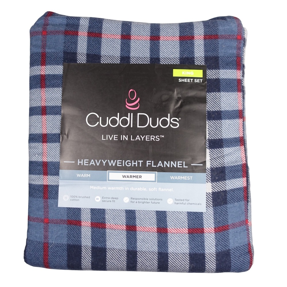 Cuddl Duds King Sheet Set Heavyweight Flannel Navy Red Plaid 100% Cotton NEW